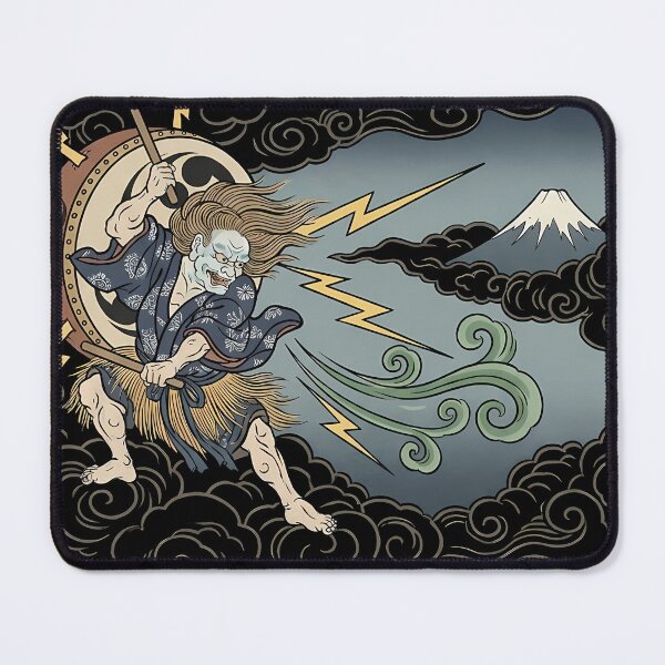 Item preview, Mythical Japanese Storm God Striking Drum with Lightning and Fuji - Ukiyo-e Art designed and sold by TokyoUkiyoHouse.