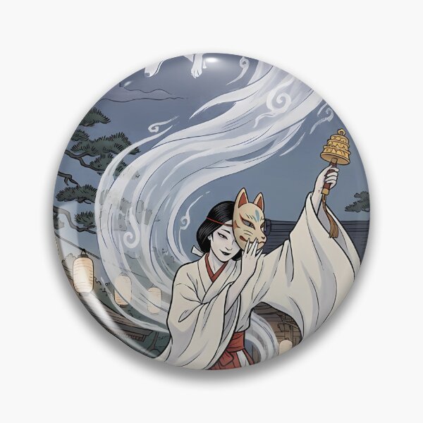 Item preview, Mystical Shinto Miko Shrine Maiden Dancing with Spirit Fox Kitsune - Ukiyo-e Art designed and sold by TokyoUkiyoHouse.