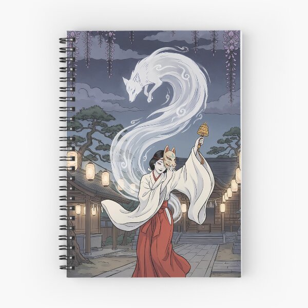 Item preview, Mystical Shinto Miko Shrine Maiden Dancing with Spirit Fox Kitsune - Ukiyo-e Art designed and sold by TokyoUkiyoHouse.