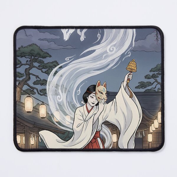 Item preview, Mystical Shinto Miko Shrine Maiden Dancing with Spirit Fox Kitsune - Ukiyo-e Art designed and sold by TokyoUkiyoHouse.