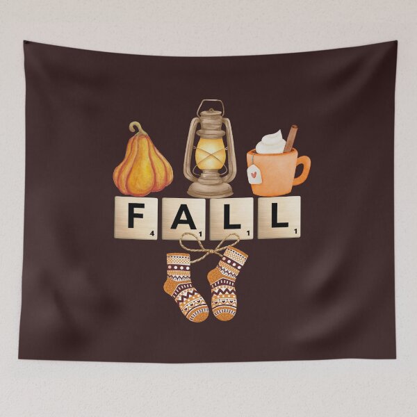 Item preview, Cozy Fall Composition with Pumpkin, Lantern, Hot Chocolate, Warm Socks and Scrabble Letters FALL designed and sold by PureHopeStudio.