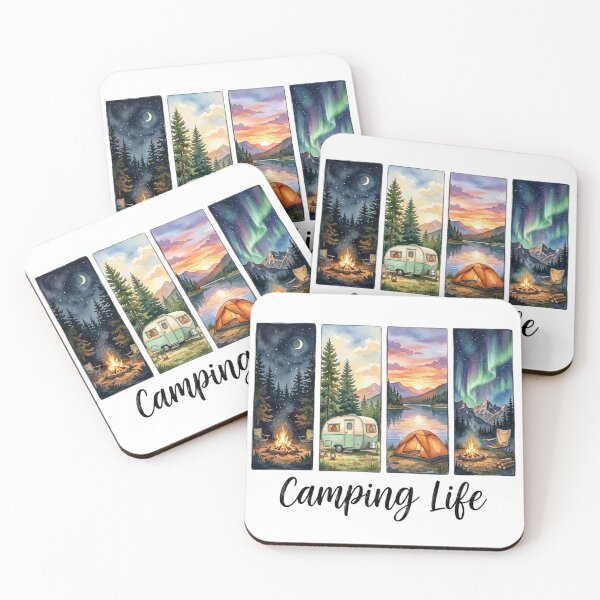 Item preview, Camping Life Watercolor Panels Retro Camper Tent Sunset Northern Lights designed and sold by PACS0011.