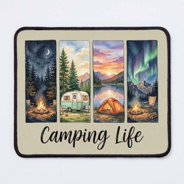 Item preview, Camping Life Watercolor Panels Retro Camper Tent Sunset Northern Lights designed and sold by PACS0011.