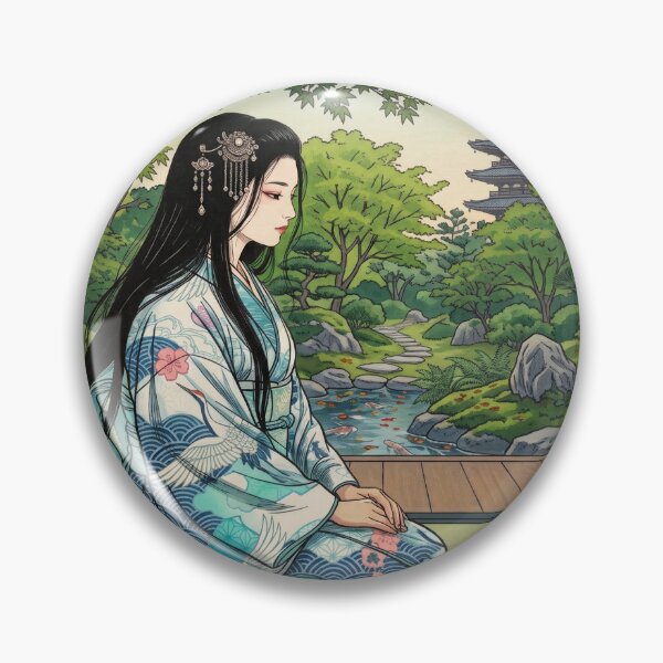 Item preview, A young girl wearing a kimono with traditional Japanese patterns and a fantastical Japanese garden scene. designed and sold by Aki-no-Mado Shop.