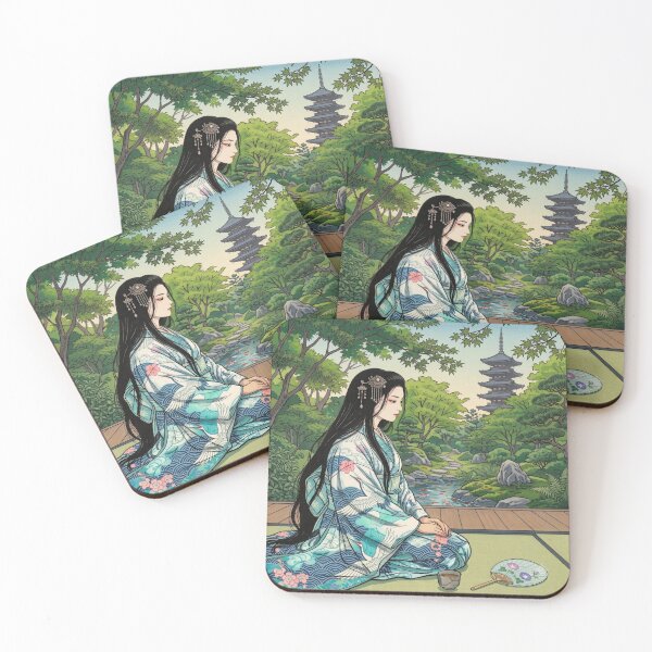 Item preview, A young girl wearing a kimono with traditional Japanese patterns and a fantastical Japanese garden scene. designed and sold by Aki-no-Mado Shop.