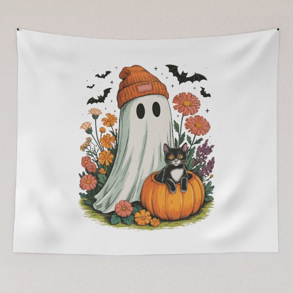 Item preview, Halloween retro cat Ghost in Wildflowers Spooky gift designed and sold by Amzkao.
