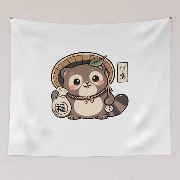Item preview, Cute Tanuki with Lucky Fortune Bag | Kawaii Japanese Yokai Sticker designed and sold by Dospart.