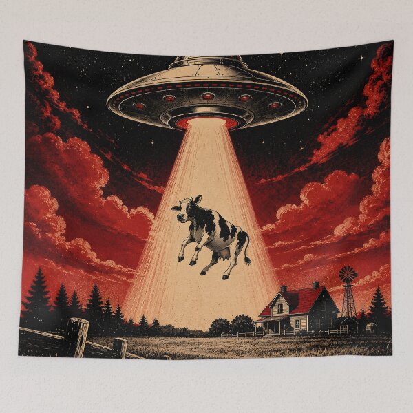 Item preview, UFO, cow, and a very dramatic red sky designed and sold by Erlin Rudho.