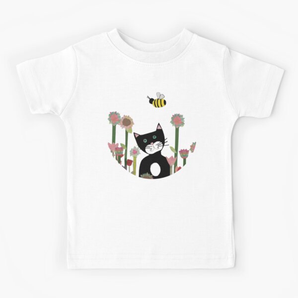 Whimsical Black Cat in the Garden Kids T-Shirt