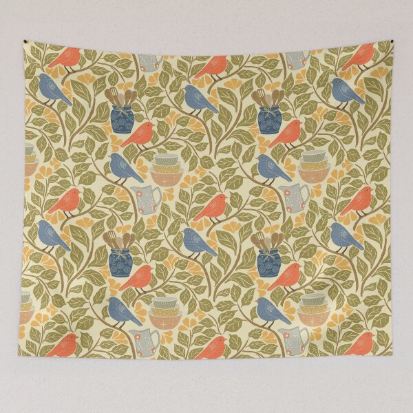 Item preview, Cottagecore Birds Folk Art Autumn Kitchen Print designed and sold by DColourMuse.