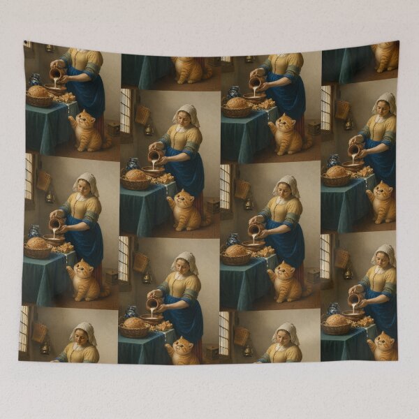 Item preview, Cute Chonky Orange Playful Cat The Milkmaid Painting Masterpiece Dreamscape designed and sold by Mindworx21.
