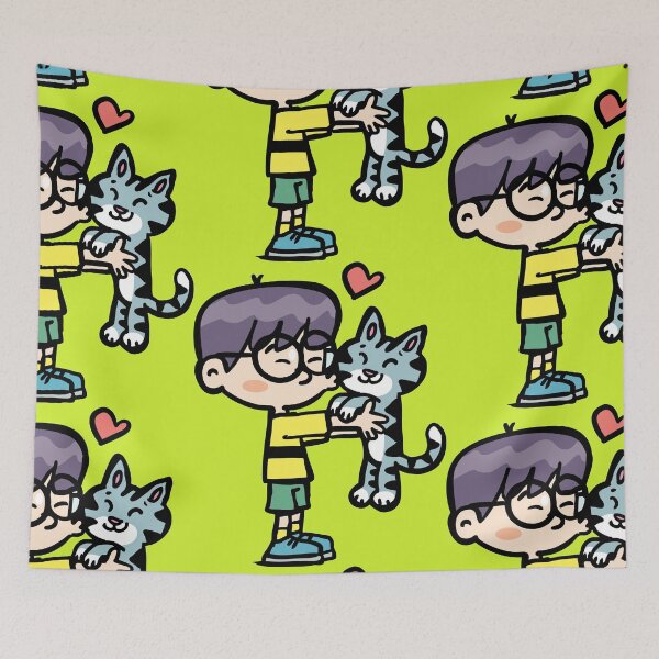 Item preview, boy with glasses holds a cat and kisses with love designed and sold by duxpavlic.