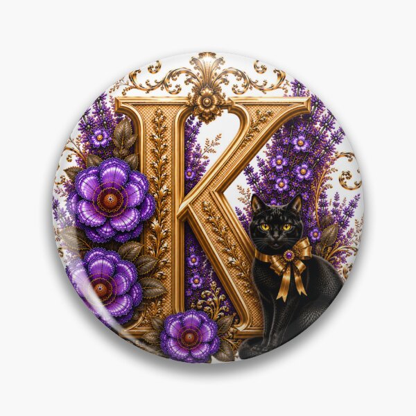 Item preview, Floral Letter K with Black Cat | Lavender Botanical Monogram | Elegant Gold Initial Design designed and sold by MoodLay.