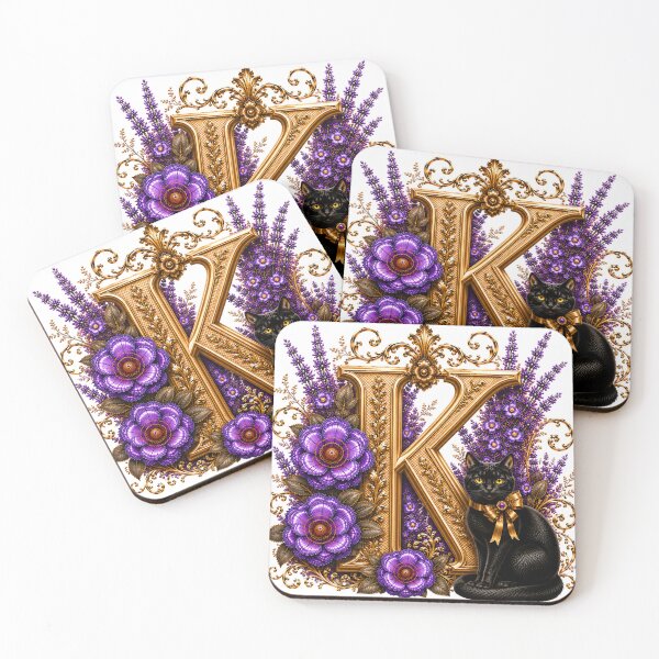 Item preview, Floral Letter K with Black Cat | Lavender Botanical Monogram | Elegant Gold Initial Design designed and sold by MoodLay.