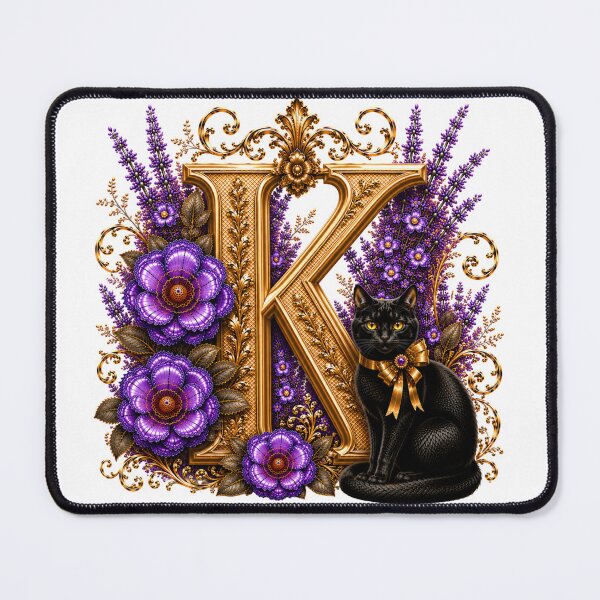Item preview, Floral Letter K with Black Cat | Lavender Botanical Monogram | Elegant Gold Initial Design designed and sold by MoodLay.