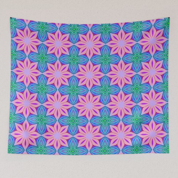 Item preview, Pink floral pattern with green and blue geometric accents  designed and sold by SweetLilith.
