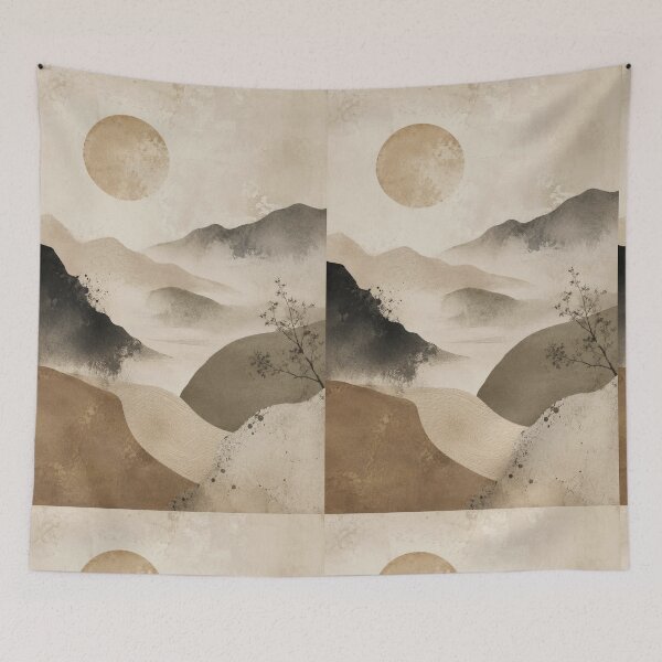 Item preview, Serene Wabi Sabi Mountain Vista with Misty Horizon and Botanical Accent designed and sold by Aryabek.