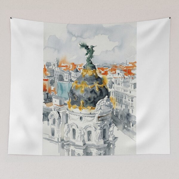 Item preview, Edificio Metropolis Madrid Watercolor, Golden Dome Cityscape designed and sold by caracatita75.