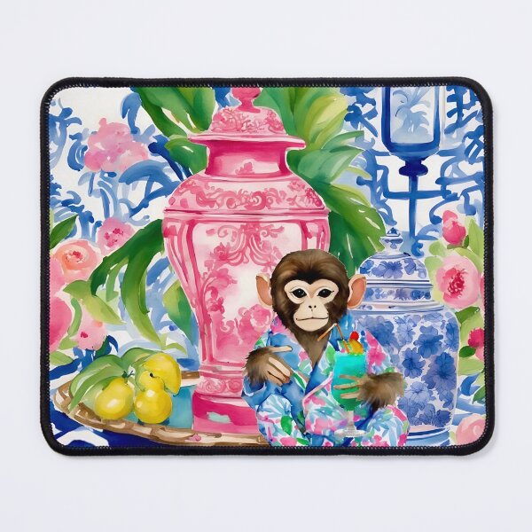 Item preview, Preppy chinoiserie monkey drinking cocktail watercolor designed and sold by SophieClimaArt.