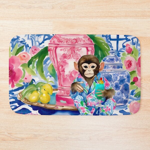 Item preview, Preppy chinoiserie monkey drinking cocktail watercolor designed and sold by SophieClimaArt.