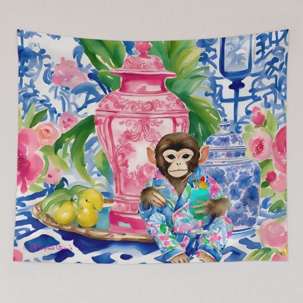 Item preview, Preppy chinoiserie monkey drinking cocktail watercolor designed and sold by SophieClimaArt.