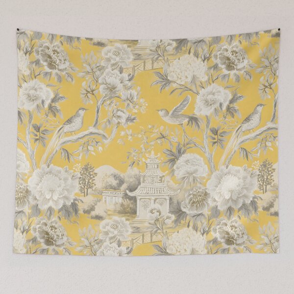 Item preview, Preppy chinoiserie landscape in yellow and soft grey designed and sold by SophieClimaArt.