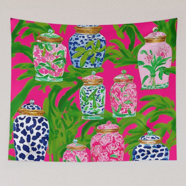 Item preview, Chinoiserie Jars & Banana Leaves on Hot Pink designed and sold by felixparson.