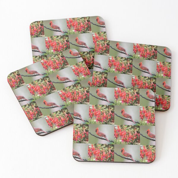 Item preview, Whimsical Cardinal and Fuchsia Flower Botanical Pattern designed and sold by JurateArt-DK.