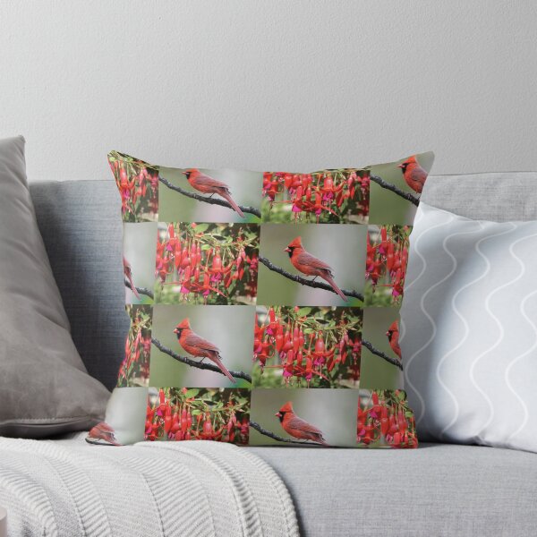 Item preview, Whimsical Cardinal and Fuchsia Flower Botanical Pattern designed and sold by JurateArt-DK.