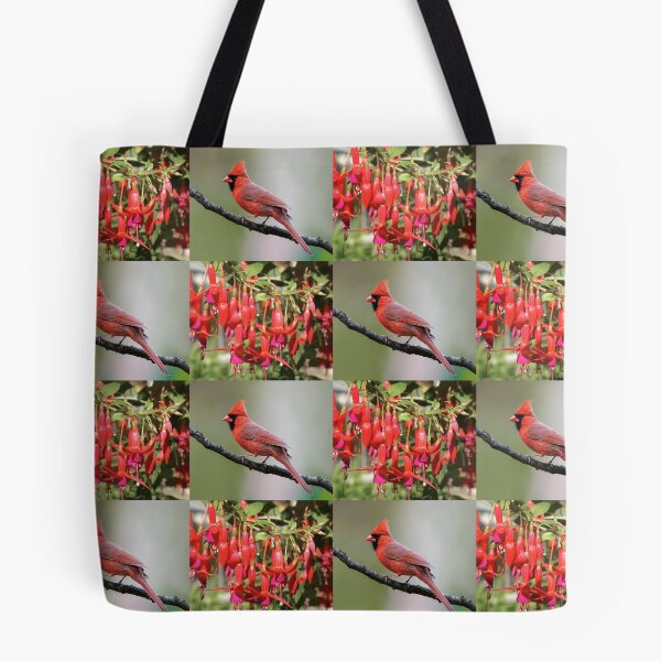 Item preview, Whimsical Cardinal and Fuchsia Flower Botanical Pattern designed and sold by JurateArt-DK.