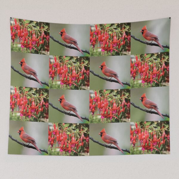 Item preview, Whimsical Cardinal and Fuchsia Flower Botanical Pattern designed and sold by JurateArt-DK.