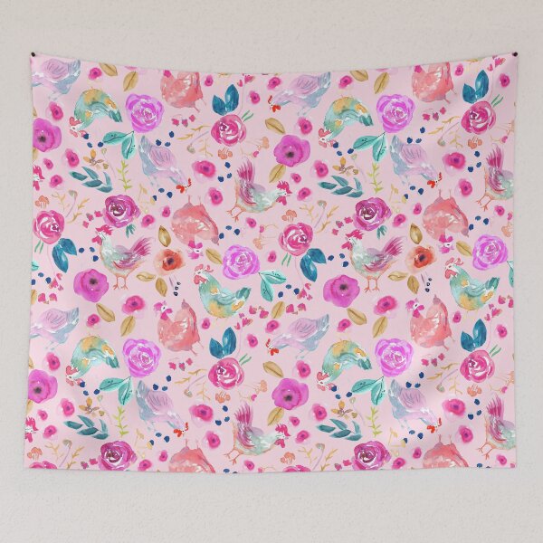 Item preview, Playful Loose Colofrul Watercolor Chickens Hens &Flowers in Folk Art Style designed and sold by aneladesigns.