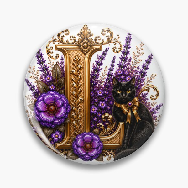 Item preview, Floral Letter L with Black Cat | Lavender Botanical Monogram | Elegant Gold Initial Design designed and sold by MoodLay.