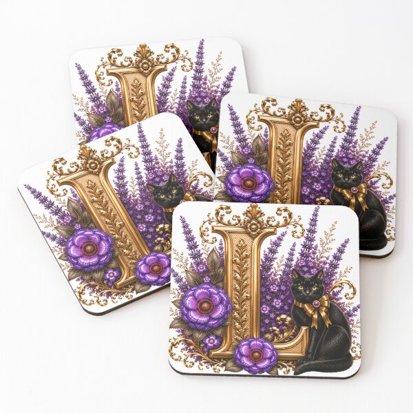 Item preview, Floral Letter L with Black Cat | Lavender Botanical Monogram | Elegant Gold Initial Design designed and sold by MoodLay.