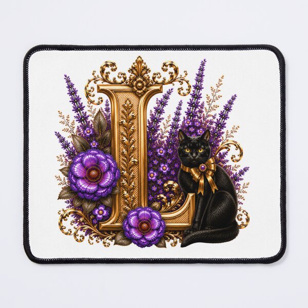 Item preview, Floral Letter L with Black Cat | Lavender Botanical Monogram | Elegant Gold Initial Design designed and sold by MoodLay.