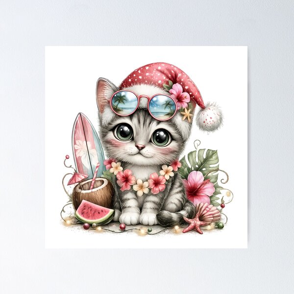 Item preview,  Christmas in July , Cat with Tropical Cocktail | Cute Festive Summer Kitty designed and sold by GGAUL.