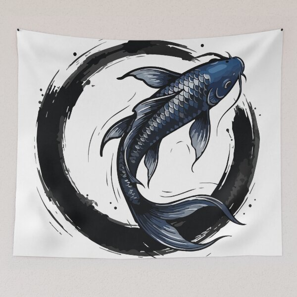 Item preview, Midnight Blue Koi Fish Minimalist Enso Moon designed and sold by ArcApparel2020.