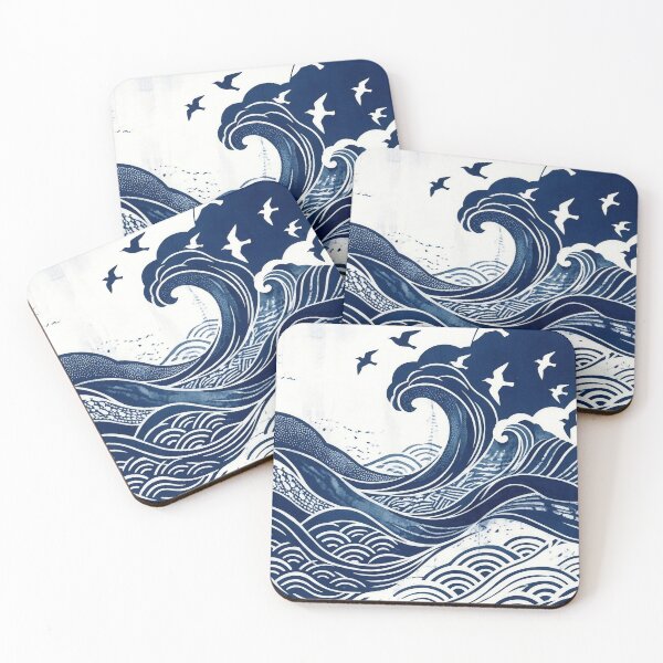 Item preview, Contemporary Aizome Indigo Waves & Chidori Birds  Description designed and sold by Hikariha Studio.