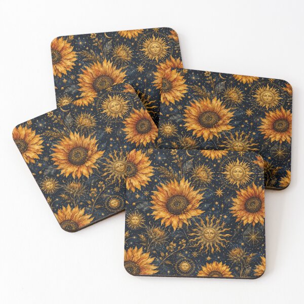 Artikelvorschau, Vintage-Muster mit mystischen Sonnenblumen und himmlischer Sonne – Goldene Mitternachtsbotanische Farbe entworfen und verkauft von Digital Muse Store.