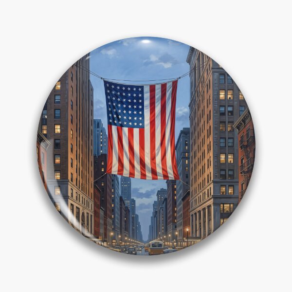 Item preview, American Flag Hanging Between Two City Skyscrapers designed and sold by Home Decor Art.