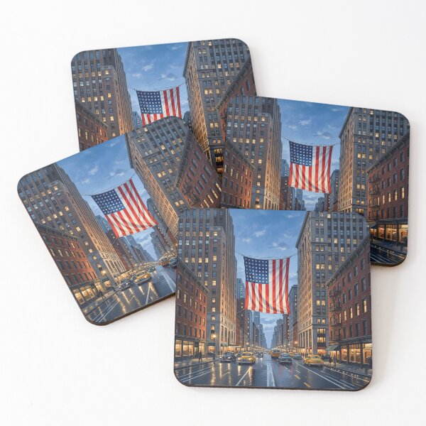 Item preview, American Flag Hanging Between Two City Skyscrapers designed and sold by Home Decor Art.