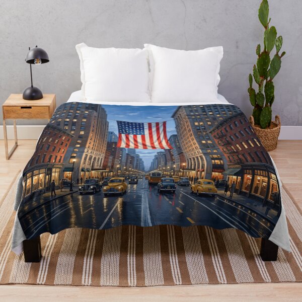 Item preview, American Flag Hanging Between Two City Skyscrapers designed and sold by Home Decor Art.