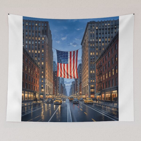 Item preview, American Flag Hanging Between Two City Skyscrapers designed and sold by Home Decor Art.