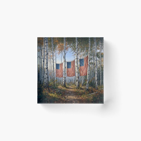 Item preview, American Flags Hanging In White Birch Tree Forest designed and sold by Home Decor Art.