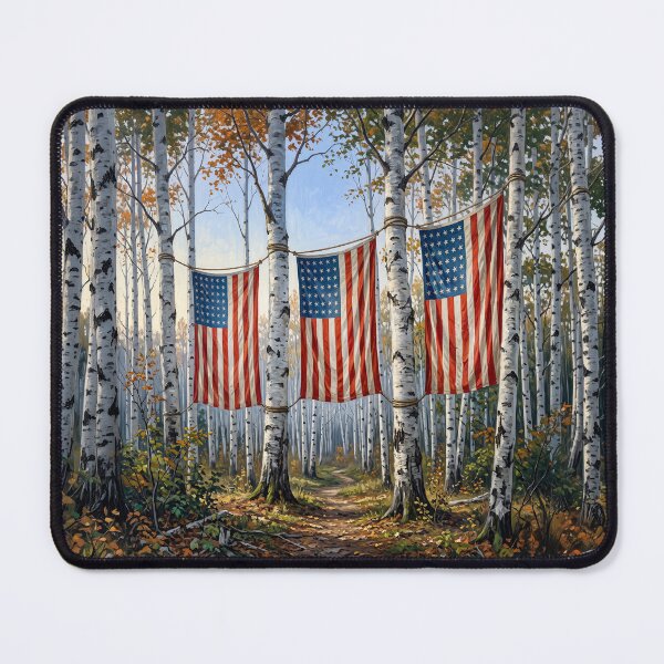 Item preview, American Flags Hanging In White Birch Tree Forest designed and sold by Home Decor Art.