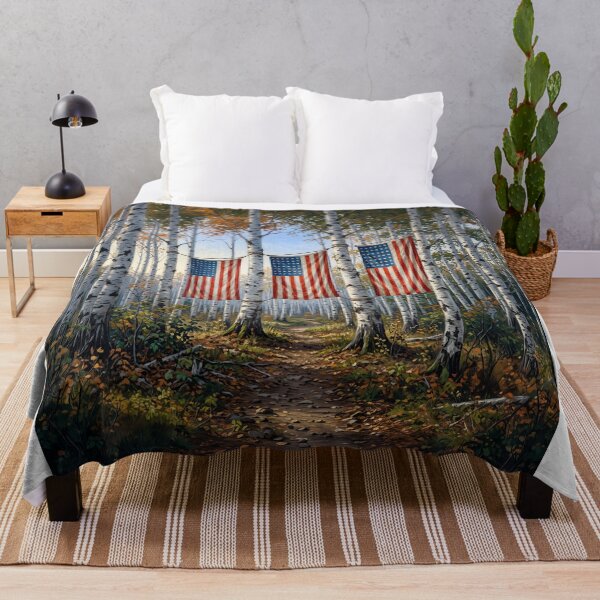 Item preview, American Flags Hanging In White Birch Tree Forest designed and sold by Home Decor Art.