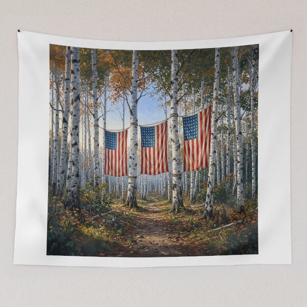 Item preview, American Flags Hanging In White Birch Tree Forest designed and sold by Home Decor Art.