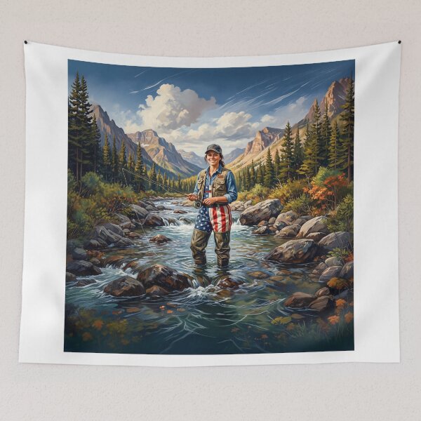 Item preview, Flyfishing Woman With American Flag Waders designed and sold by Home Decor Art.