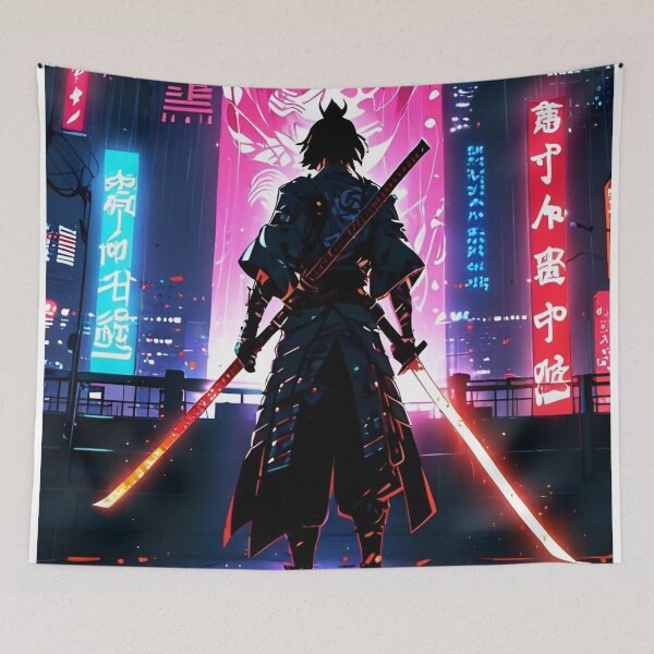 Item preview, Cyberpunk Neon Samurai | Futuristic Anime Inspired Warrior Wall Art designed and sold by Dyan4.