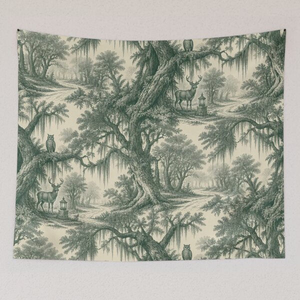 Item preview, Enchanted Foggy Forest Toile Dark Cottagecore designed and sold by StickyGuys.